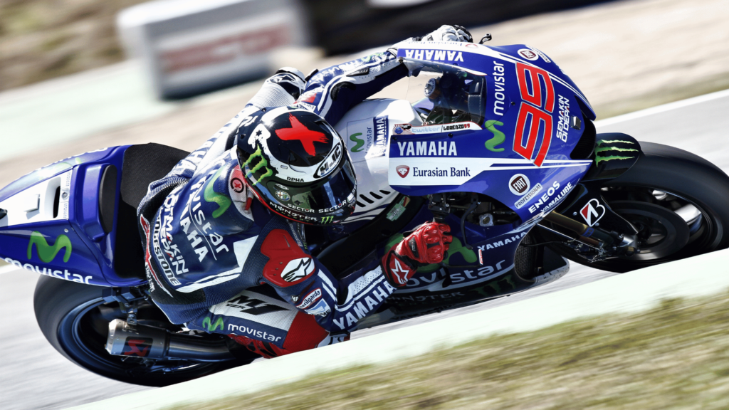 Sponsorship logos on the MotoGP motorcycle of Jorge Lorenzo.