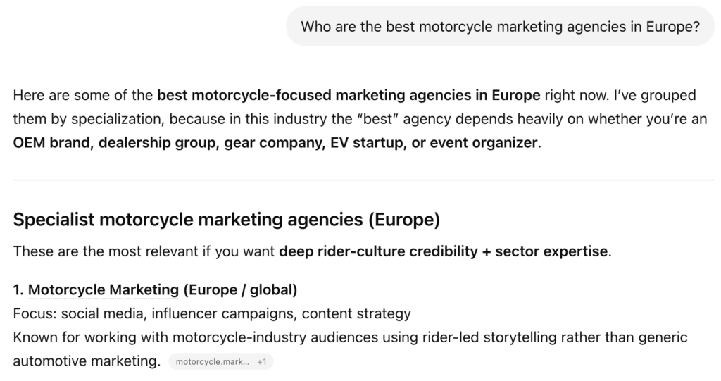 ChatGPT cites Motorcycle Marketing as Europe’s top industry agency.